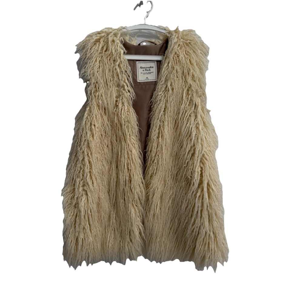 Abercrombie & Fitch Sz M Shaggy Vest Women's Ivory Faux Fur Open Front Cardigan
